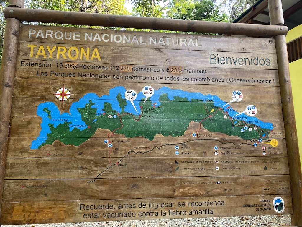 Map of Tayrona National Park, which is taken from a sign at the entrance to the park.